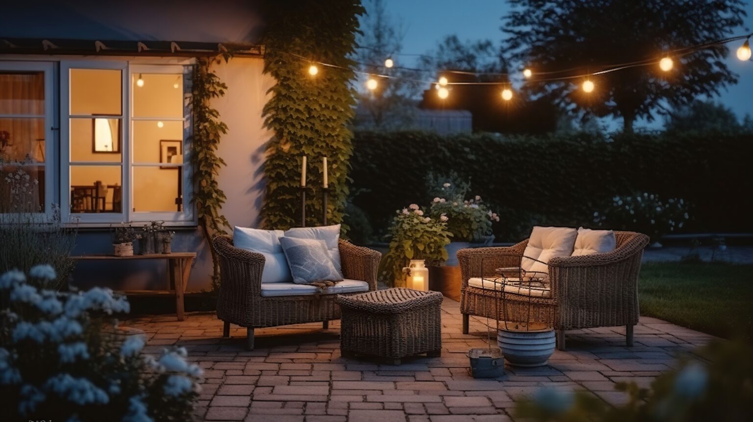 Outdoor lighting at the curb creates a warm, inviting ambiance for an evening gathering