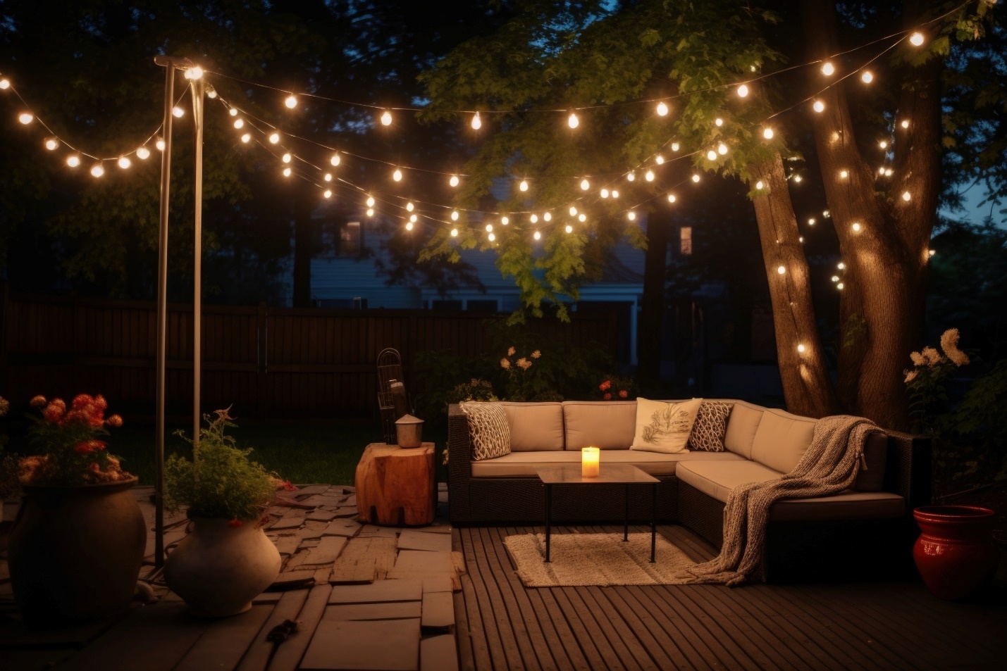 Decorated patio with string lights and a sofa.
